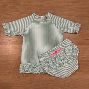 RuffleButts Mint Striped Bathing Suit